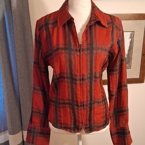 Red and Black Plaid With Sparkle Thread Detail Zip Up Blouse